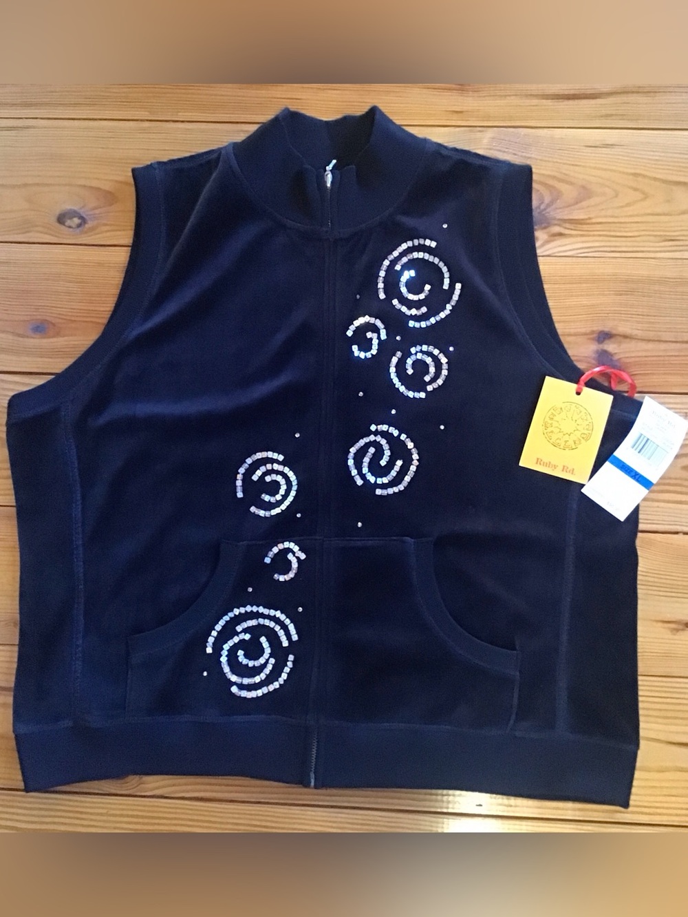 Ruby Rd. Black Zip-Front Velour Vest Metallic Swirl Glam Accent Whimsygoth Layer